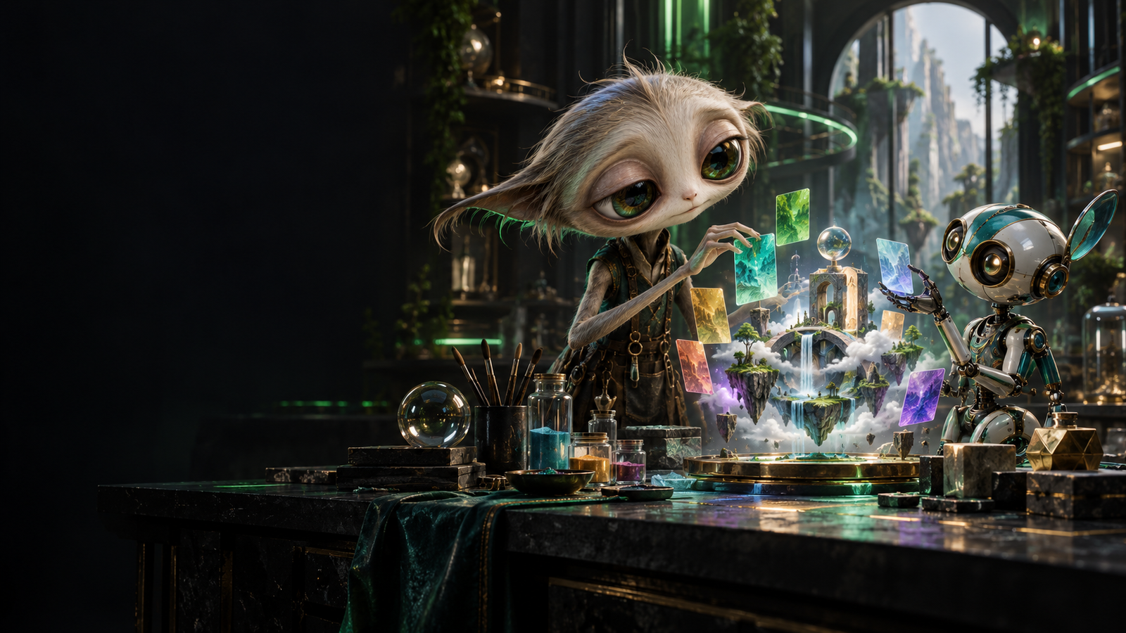 A curious furry creature and a small robot exploring a miniature world in a creative workshop